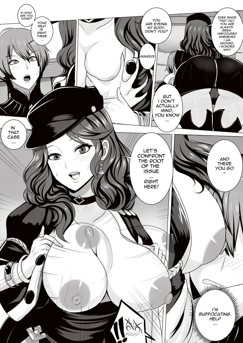 1boy 1girls black_and_white breast_grab breast_squeeze breasts byleth_(fire_emblem) byleth_(fire_emblem)_(male) choker comic doroleth dorothea_arnault english_text female fire_emblem fire_emblem:_three_houses garreg_mach_monastery_uniform guided_breast_grab hat hetero highres long_hair male nintendo revolverwingstudios sex teacher teacher_and_student text