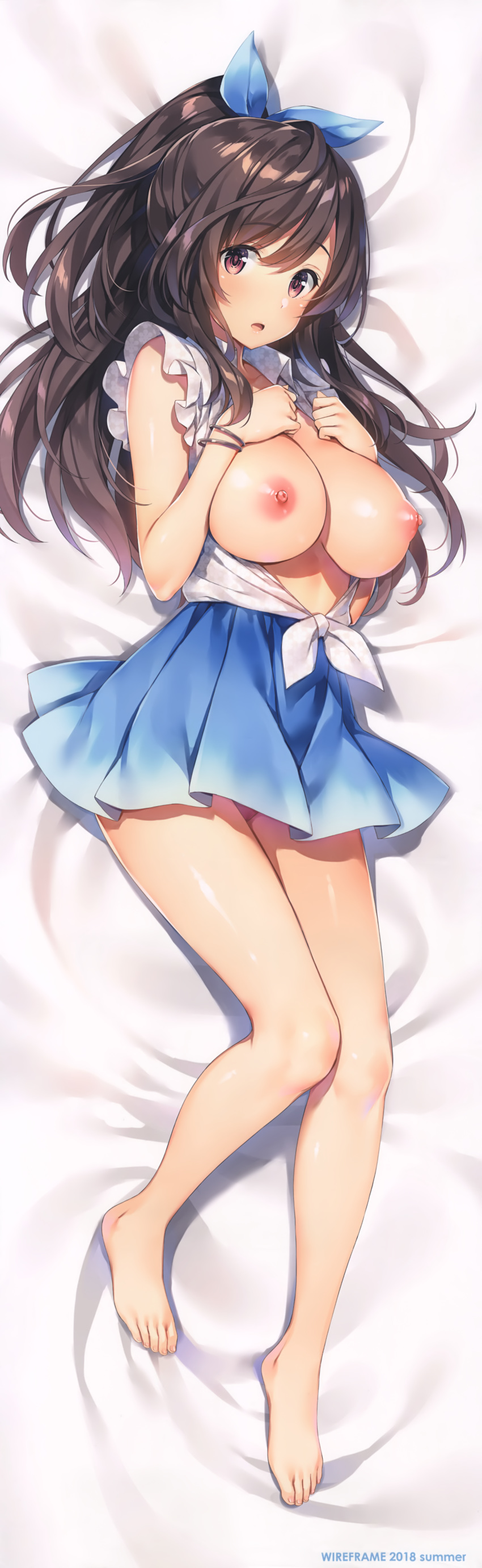 2018 absurdres bangs barefoot bed_sheet blush bow bracelet breasts brown_eyes brown_hair dakimakura dress eyebrows_visible_through_hair feet female floral_print full_body gradient hairbow hands_on_own_chest hands_up highres huge_filesize idolmaster idolmaster_shiny_colors jewelry large_breasts long_hair looking_at_viewer lying nipples on_back open_mouth shiny shiny_hair shiny_skin short_dress sleeveless solo tied_hair toenails tsukioka_kogane yuuki_hagure