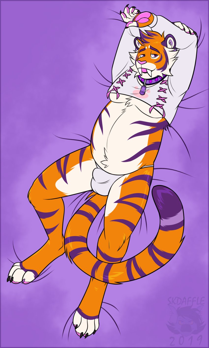 0600hours 2019 absurd_res bulge clothing collar felid hi_res male male_only mammal pantherine simple_background skdaffle slightly_chubby solo tiger underwear