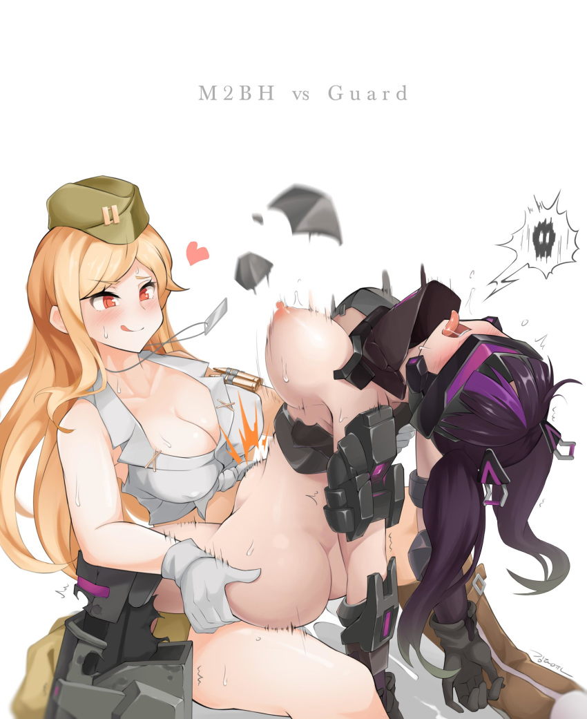 2girls absurdres ass blonde_hair blush boots breasts bullets cleavage closed_mouth crop_top dog_tags front-tie_top futa_on_female futanari garrison_cap girls'_frontline gloves guard_(girls'_frontline) hat highres implied_futanari kim_da-yoon large_breasts licking_lips long_hair m2hb_(girls'_frontline) multiple_girls nipple_bulge nipples open_mouth orange_eyes philipposter purple_hair sangvis_ferri sex spoken_skull stomach_bulge straddling tongue tongue_out twintails typo upright_straddle white_background