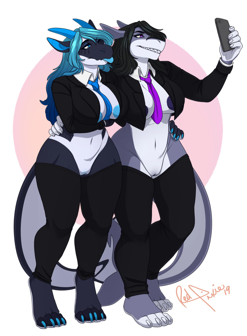 absurd_res anthro breasts clothed clothing crossed_arms dragon duo female fish hair hi_res horn marine necktie phone pussy redpixie selfie shark smile standing teri_(terikressner) terikressner tongue tongue_out wide_hips