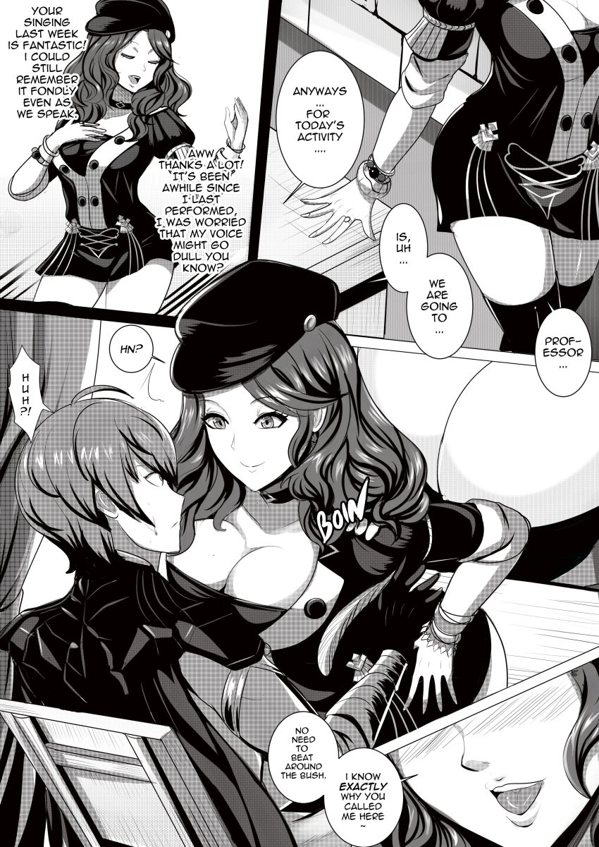 1boy 1girls black_and_white breasts byleth_(fire_emblem) byleth_(fire_emblem)_(male) choker comic doroleth dorothea_arnault english_text female fire_emblem fire_emblem:_three_houses garreg_mach_monastery_uniform hat hetero highres long_hair male nintendo revolverwingstudios sex teacher teacher_and_student text