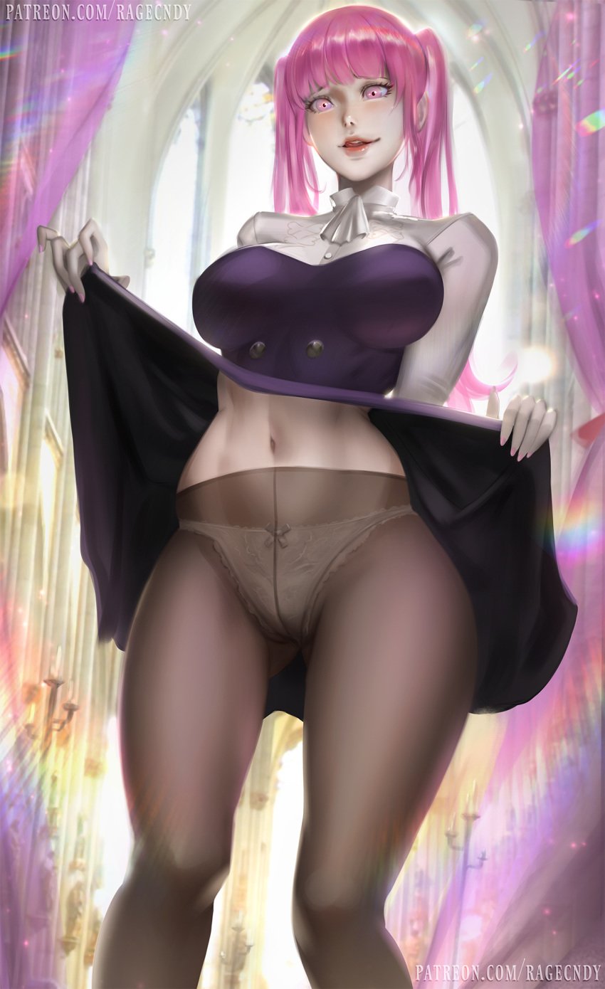 1girls breasts female female_only fire_emblem fire_emblem:_three_houses garreg_mach_monastery_uniform hilda_valentine_goneril large_breasts looking_at_viewer nintendo panties pantyhose pink_hair ragecndy solo white_panties