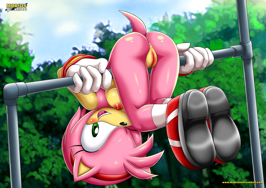 1girls amy_rose ass bent_over blush female female_only green_eyes hairband headband heart-shaped_butt legs_up mobius_unleashed outside palcomix pink_fur pink_hair playground_bar smile smiling sonic_(series) upside-down winking