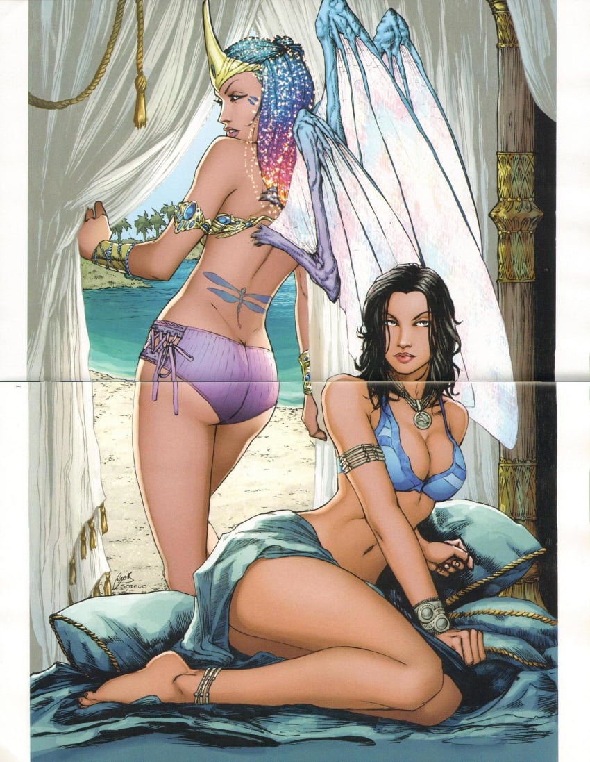 2girls aspen_matthews aspen_mlt ass barefoot beach beth_sotelo big_breasts black_hair blue_(species) blue_bra blue_hair blue_wings bra bracers breasts busty cleavage crossover crown fairy_wings female female_only grace grace_(character) hair_ornament headwear human long_hair looking_back lori_hanson multiple_girls panties pink_lips pinup purple_panties rahtumi scan sitting skirt smile smiling softcore soulfire standing swimsuit tent thighs water wings