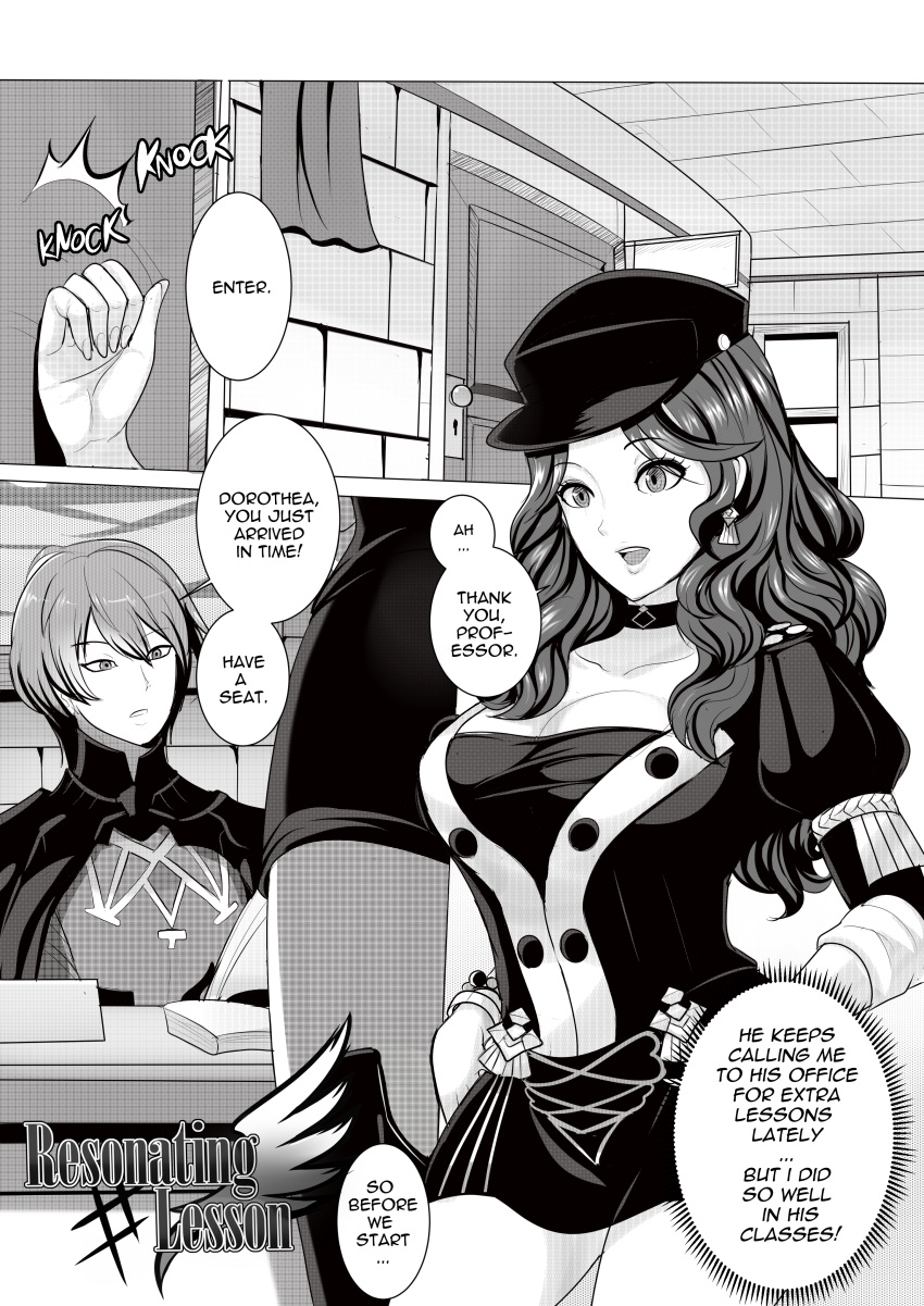 1boy 1girls black_and_white breasts byleth_(fire_emblem) byleth_(fire_emblem)_(male) choker comic doroleth dorothea_arnault doujin earrings english_text female fire_emblem fire_emblem:_three_houses garreg_mach_monastery_uniform hat hetero highres long_hair male nintendo revolverwingstudios teacher teacher_and_student text