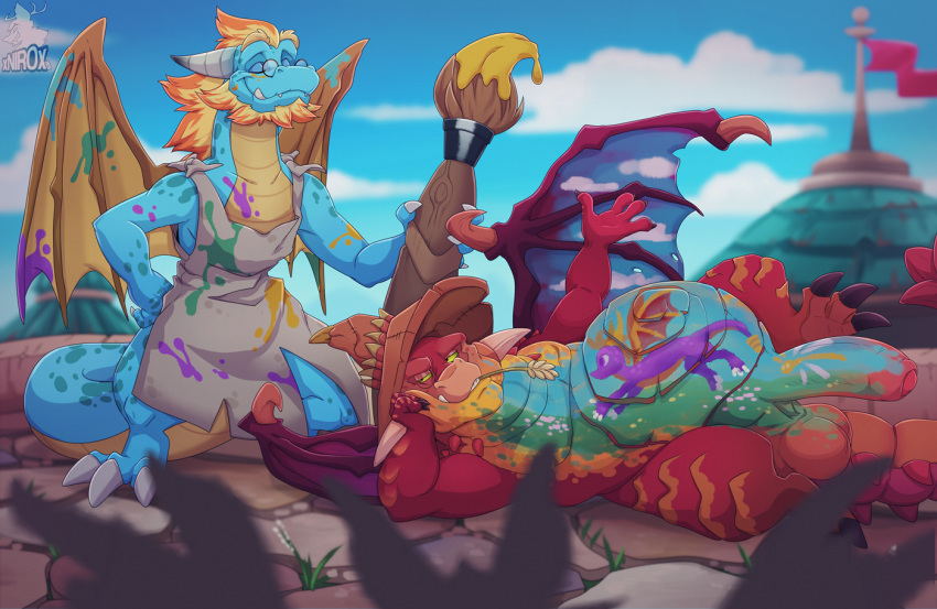 anthro balls conditional_dnp cyprin_(spyro) dragon duo genitals gildas_(spyro) legend_of_spyro lying male male_only painting penis spyro_the_dragon wings xnirox