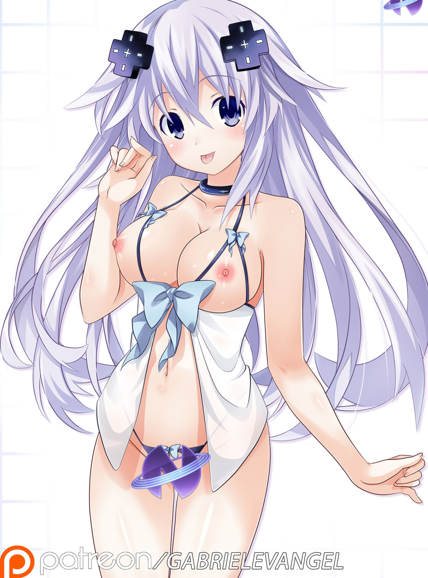 1girls adult_neptune babydoll beads breasts crotchless_panties cupless_babydoll female gabriel_grayford hair_ornament hairclip highres large_breasts lingerie long_hair navel negligee neptunia_(series) nipples purple_eyes purple_hair ribbon see-through simple_background solo underwear