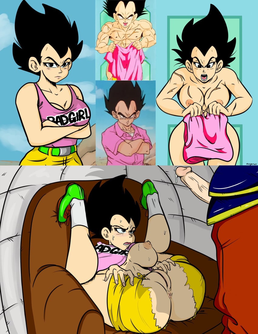 1girls 2boys attack_ball big_breasts black_eyes black_hair breasts cleavage dragon_ball dragon_ball_z female female_vegeta genderswap_(mtf) penis presenting presenting_pussy pussy rule_63 saiyan son_goku ukevegeta13 vagina vegeta