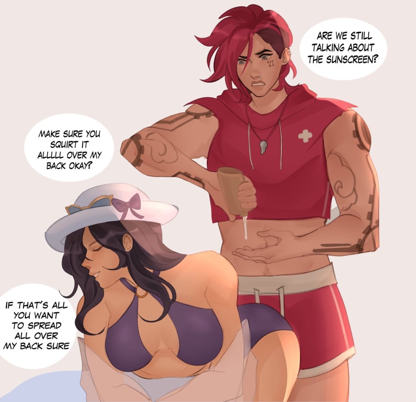 1futa 1girls arcane arcane_caitlyn arcane_vi bent_over bikini blue_hair breasts caitlyn_kiramman clothed clothing comic crop_top dialogue doggy_style_position dripping english_text eyewear_on_head face_markings female futa_on_female futanari hat human league_of_legends lesbeanlatte lifeguard light-skinned_female light-skinned_futanari light_skin long_hair medium_breasts mostly_nude muscular_futanari pale_skin pink_hair poolside riot_games sapphyxiate shaved_side short_hair shorts six_pack standing sunglasses_on_head sunscreen tattoo text vi whistle