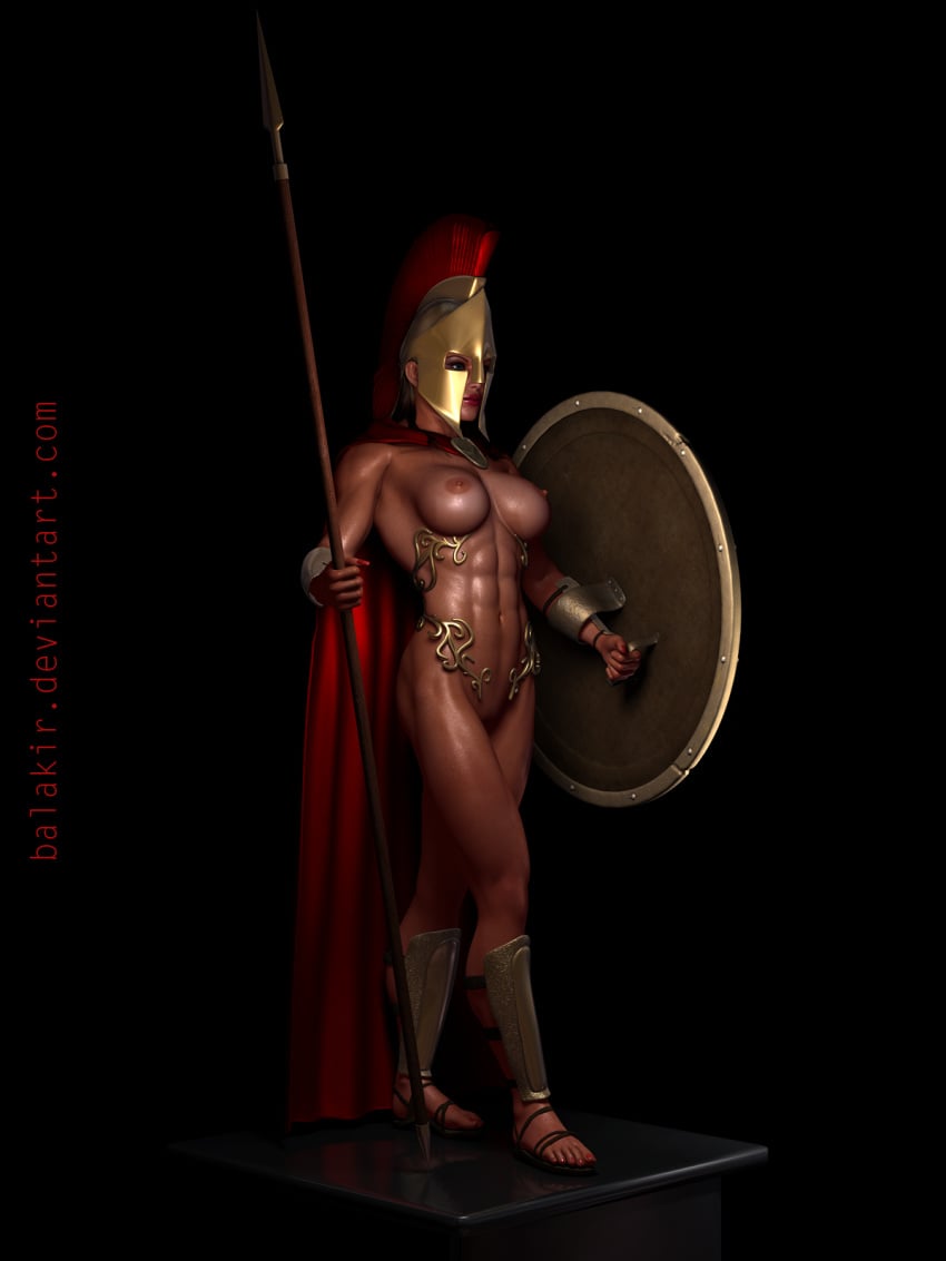 1girls 3d abs aspis balakir bare_shoulders big_breasts black_background bracer brown_hair busty cape cleavage corinthian_helmet curvy detailed_background erect_nipple erect_nipples female female_only front_view greaves helmet holding_object holding_polearm holding_weapon hourglass_figure human human_only light-skinned_female light_skin light_skinned_female muscle muscular muscular_female naked nude original_character polearm pose posing sandals shadow shield shiny shiny_skin solo solo_female sparta spartan spear standing tanned_female tanned_skin voluptuous warrior weapon wide_hips