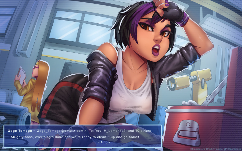 2girls artist_name big_hero_6 black_hair blonde_hair breasts clothing disney english_text female female_only glasses gogo_tomago hair highres honey_lemon long_hair looking_at_viewer marvel nipples_visible_through_clothing parsujera see-through solo_focus text text_box watermark