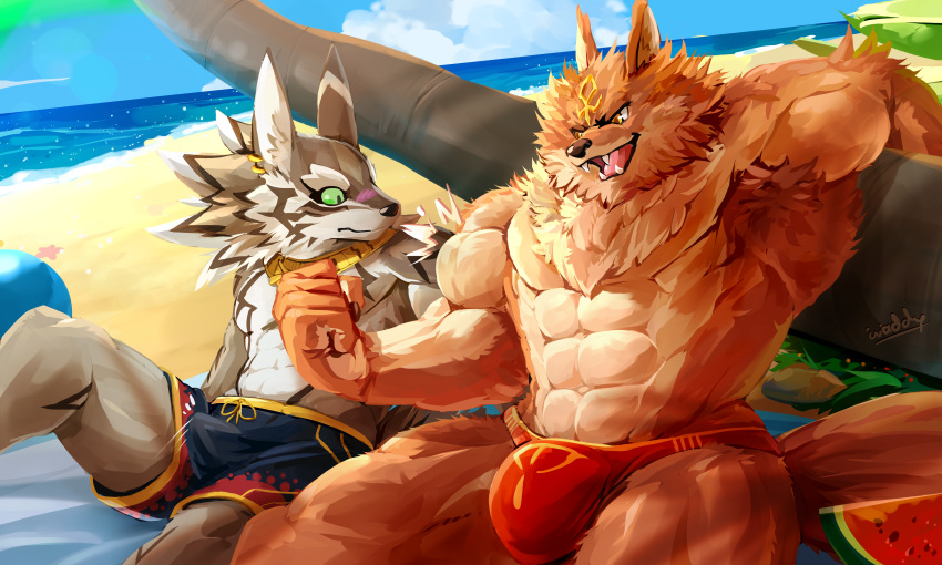 abs absurd_res armpit_hair aroused beach becoming_erect blush bottomwear bulge canid canine canis clothed clothing duo erection erection_under_clothing flexing food fruit furry hands_behind_head hi_res jackal jewelry male male_only mammal melon muscular muscular_male necklace palm_tree pecs plant puzzle_and_dragons seaside set_(puzzle_and_dragons) seth_(tokyo_afterschool_summoners) shorts speedo swimwear tenting tokyo_afterschool_summoners tongue topless tree video_games waddledox watermelon