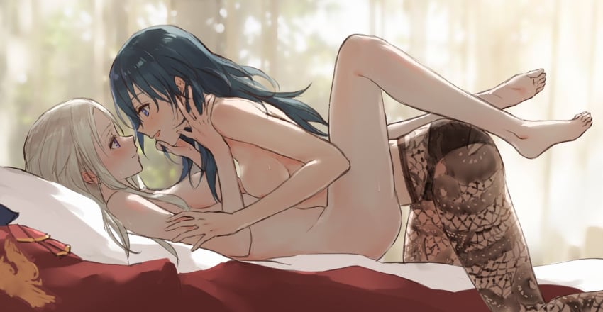 2girls areolae bed blush breasts byleth_(fire_emblem) byleth_(fire_emblem)_(female) clothes_removed couple edelgard_von_hresvelg eye_contact feet female female/female female_only female_protagonist fire_emblem fire_emblem:_three_houses green_hair human human_only imminent_kiss imminent_sex intimate kisetsu lesbian long_hair looking_at_another lying lying_on_bed multiple_girls nude on_back open_mouth panties panties_under_pantyhose pantyhose patterned_clothing sideboob silver_hair smile softcore tights toes topless underwear wholesome yuri