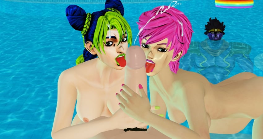 2girls boll breasts cum female green_hair human jojo's_bizarre_adventure jolyne_kujo jotaro_kujo light-skinned_female light_skin multiple_girls pink_hair short_hair shounen_jump stand_(jjba) star_platinum stone_ocean trish_una vento_aureo