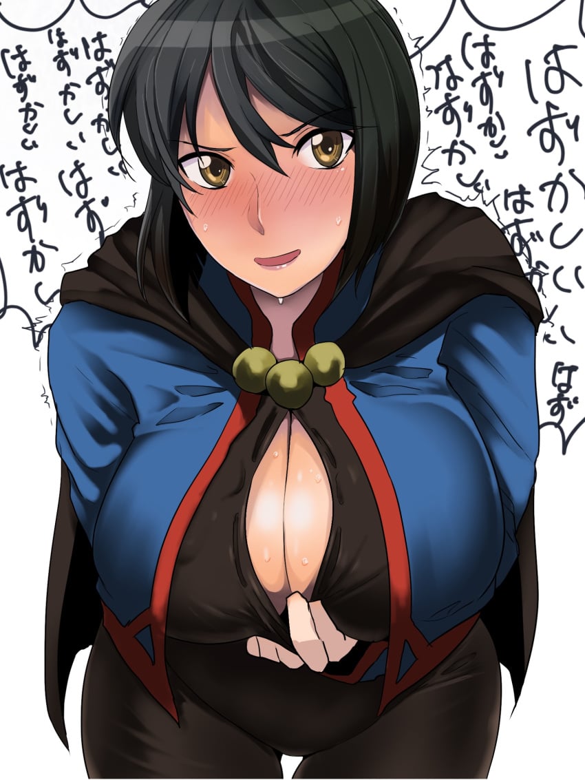 1girls bangs bent_over big_breasts black_bodysuit black_hair blush bodysuit breasts brown_eyes cape chloe_valens cholesenel cleavage cleavage_cutout hair_between_eyes jacket large_breasts looking_at_viewer open_mouth paizuri_invitation short_hair smile sweat tales_of_(series) thigh_gap translation_request