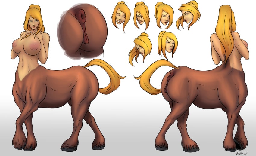 anus asarkadraws ass blonde_hair breasts centaur character_sheet equine equine_anus equine_pussy eyeshadow female fur golden_eyes hooves inverted_nipples large_ass large_breasts large_nipples long_hair makeup naked nude original_character ponytail puffy_anus puffy_areola puffy_nipples pussy solo tail tanned_skin taur vagina yellow_eyes