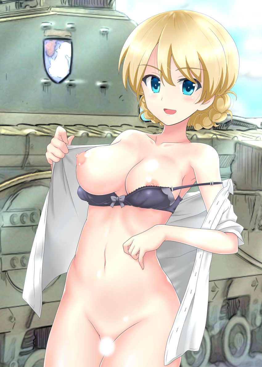 battle_tank black_bra blonde_hair blue_eyes blush bra bra_pull braid breasts churchill_(tank) collarbone darjeeling eyebrows_visible_through_hair female girls_und_panzer groin ground_vehicle happy_female highres large_breasts looking_at_viewer military military_vehicle motor_vehicle navel nendoroya nipples open_mouth outdoors shiny shiny_hair shiny_skin shirt smile solo tank tongue underwear undressing white_shirt