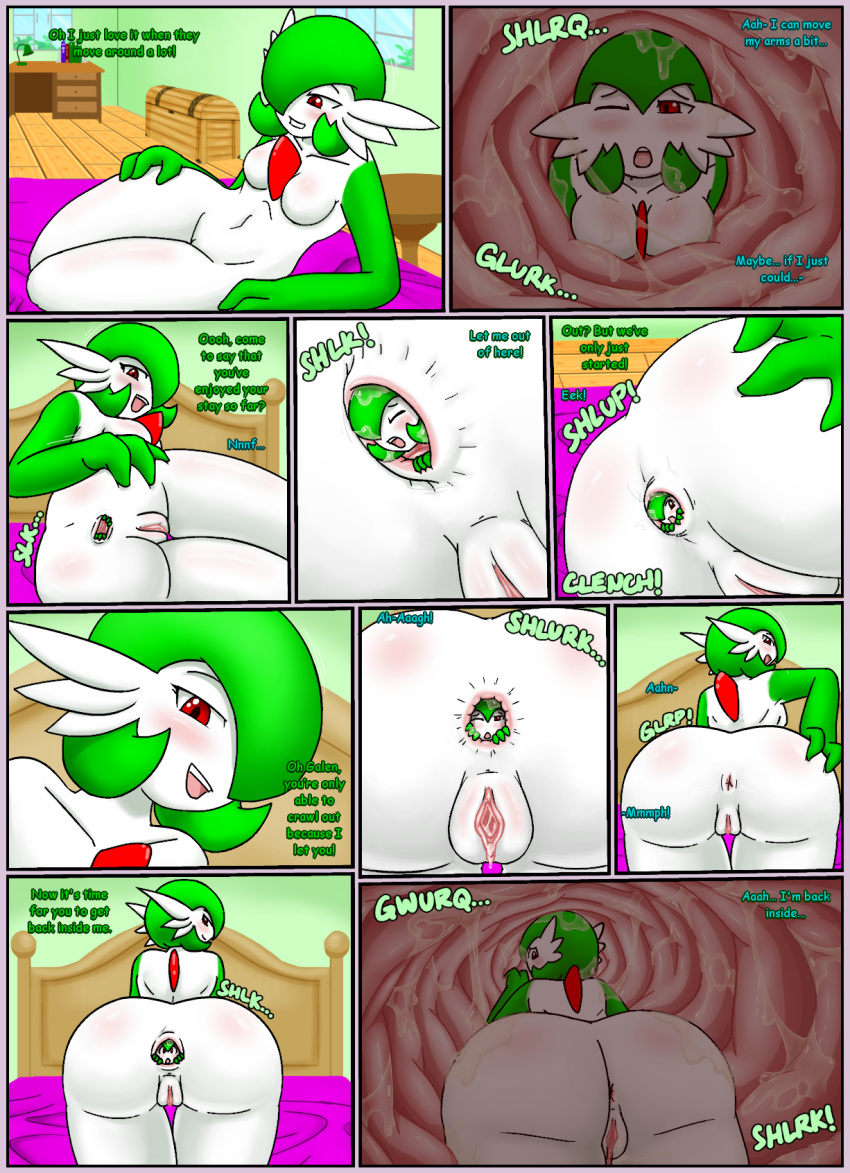 2girls ambiguous_fluids anal anal_vore anthro anthrofied anus ass bed bodily_fluids breasts comic eye_contact feet female female_only female_pred female_prey gaping gaping_anus gardevoir genital_fluids green_hair green_skin hair_over_one_eye half-closed_eyes hi_res humanoid inside larger_female livinlovindude looking_at_viewer masturbation multiple_girls nintendo no_nipples original_character pillow pokémon_(species) pokemon pokemon_(species) pokemon_rse pussy pussy_juice red_eyes short_hair size_difference smaller_female spreading text thick_thighs thigh_gap toes tongue tongue_out vaginal_masturbation vaginal_penetration video_games vore wet wide_hips window x-ray