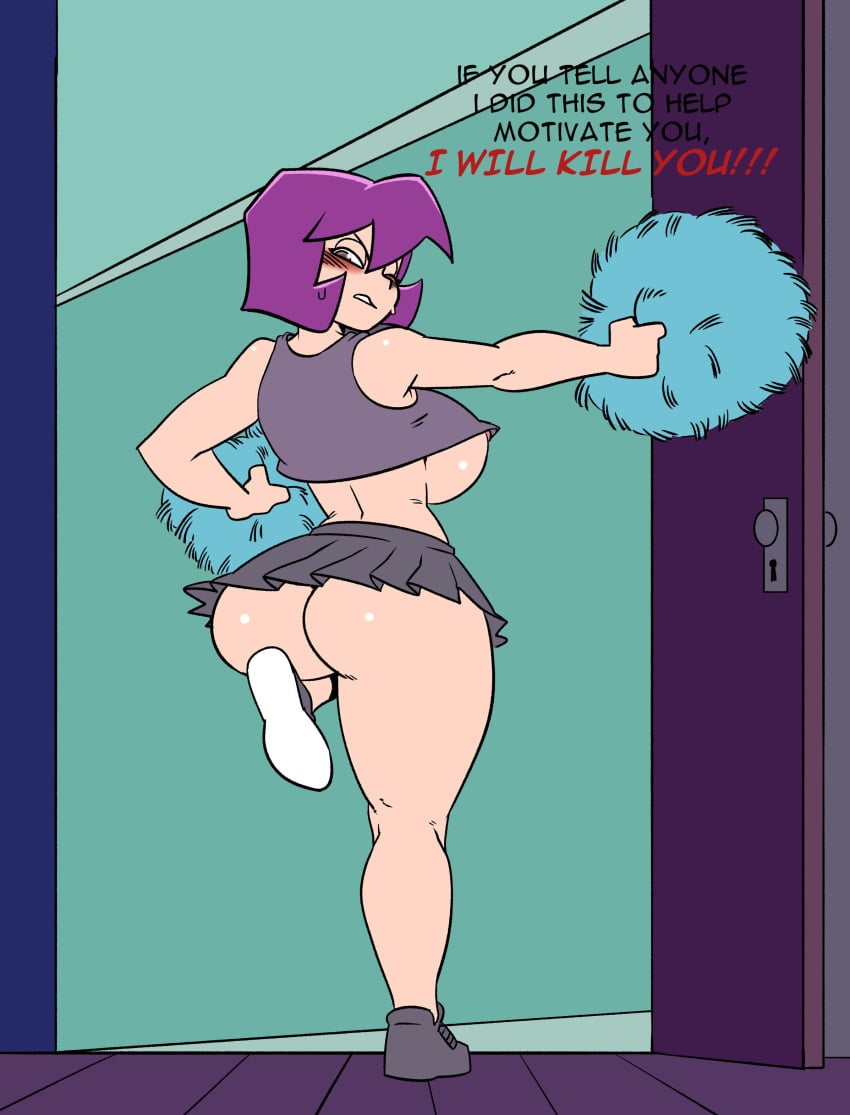 1girls aged_up ass big_ass big_breasts blush breasts cheerleader darkeros13 female female_only footwear gaz_membrane human invader_zim looking_back one_eye_closed purple_hair sideboob skirt solo text thedarkeros thicc_gaz thick_thighs thighs visible_nipples voluptuous wide_hips