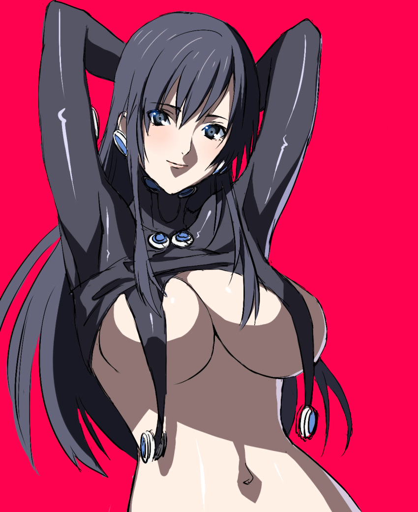 1girls arms_behind_head arms_up bangs big_breasts black_hair blue_eyes bodysuit bodysuit_pull breasts cleavage covered_nipples earrings female female_only gantz gantz_suit hair_between_eyes large_breasts light_smile long_hair looking_at_viewer mizore_syrup navel revealing_clothes shimohira_reika shiny_clothes skin_tight solo underboob