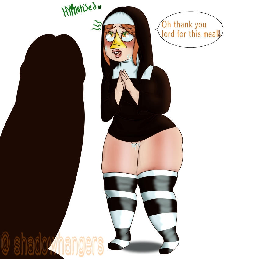 begging bottomless brown_penis christianity chubby clothing dark-skinned_male duckbill horny hypnosis looking_at_penis medli mind_control nun penis prayer priestess shortstack speech_bubble straight striped_legwear thick_thighs wet_pussy