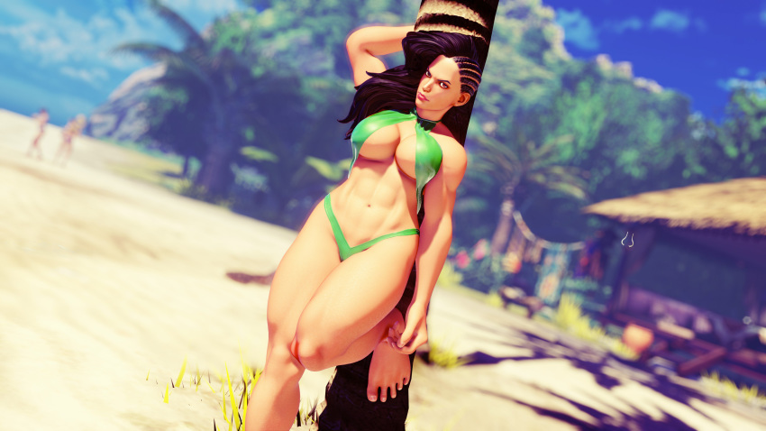 3d abs adnarimydeth athletic barefoot beach biceps big_feet black_hair brazilian brazilian_female brown_hair busty cleavage cleavage_cutout dark_hair deep_cleavage feet female laura_matsuda muscles muscular muscular_female navel pinup pose posing skimpy sling_bikini standing standing_on_one_leg street_fighter swimsuit thick_thighs toes toned wide_hips