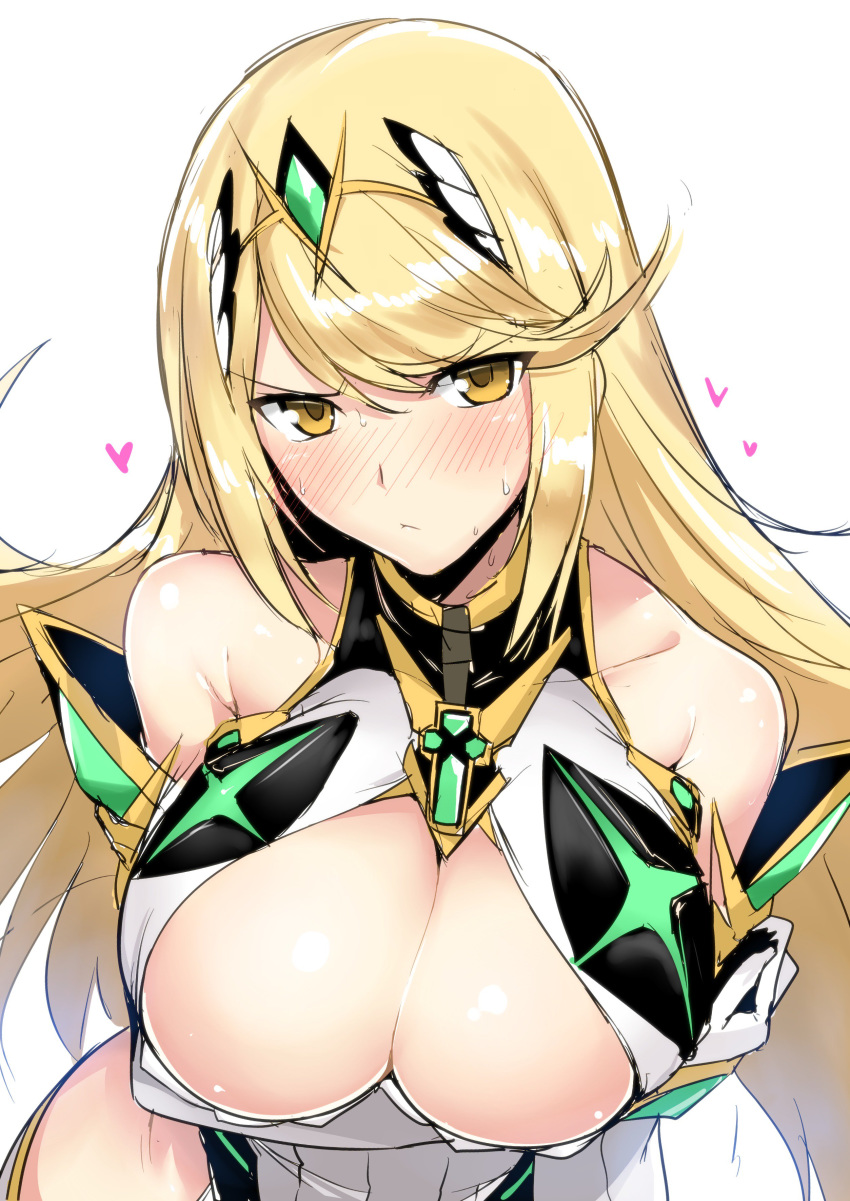 1girls absurdres armor bangs bare_shoulders blonde_hair blush breast_hold breasts cleavage cleavage_cutout closed_mouth collarbone dress elbow_gloves gloves halcon harukon_(halcon) heart highres large_breasts long_hair looking_at_viewer mythra_(xenoblade) nintendo simple_background solo swept_bangs tiara white_background white_dress white_gloves xenoblade_(series) xenoblade_chronicles_2 yellow_eyes