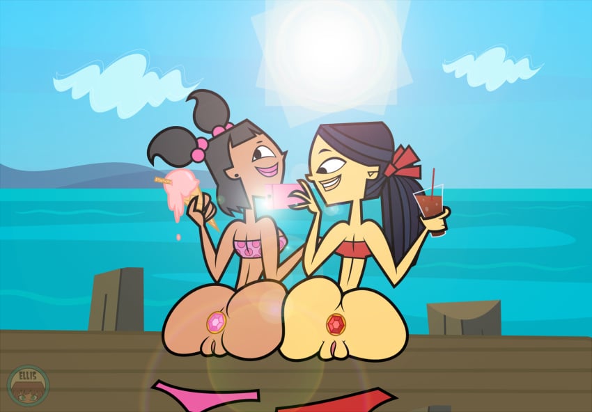 1girls 2girls accurate_art_style anal_penetration ass ass_to_ass big_ass bikini bikini_bottom_removed bimbo bubble_butt buttplug cartoon_network dark-skinned_female dark_skin elinor_the_witch ellissummer hornyhobbit jewel_buttplug jeweled_buttplug katie_(tdi) kitty_(tdi) mother-of-trolls multiple_girls princess_plug pussy selfie teenager the_ridonculous_race thick_thighs total_drama_island wide_hips