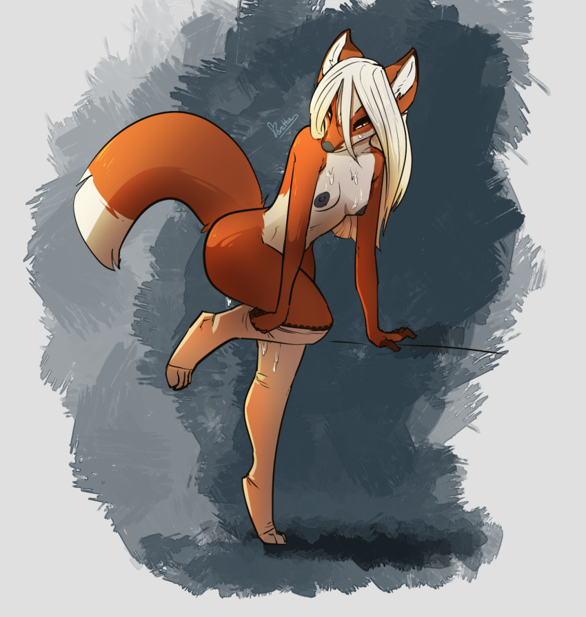 abstract_background bodily_fluids breasts canid canine clothing cum cum_on_breasts cum_on_face female feretta flo'rael fox fur genital_fluids hair hi_res legwear mammal orange_fur red_fox solo standing stockings undressing white_fur white_hair yellow_eyes