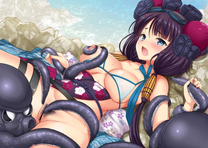 akino_hamo areolae bangs bare_shoulders beach bikini blue_eyes blush bottomless breasts collarbone commentary_request eyebrows_visible_through_hair fate/grand_order fate_(series) female floral_print flower hair_between_eyes hair_bun hair_flower hair_ornament hair_ribbon hairpin japanese_clothes katsushika_hokusai_(fate) large_breasts long_hair looking_at_viewer lying navel nipples obi octopus on_back open_mouth pubic_hair purple_hair pussy restrained ribbon sash string_bikini sweat swimsuit tears tentacle thigh_strap water wet