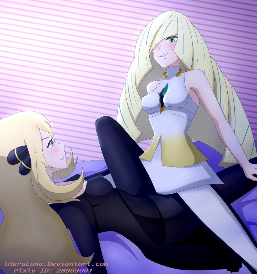 2girls aether_foundation blonde_hair blush breasts clothed_sex competition cynthia_(pokemon) female female_only green_eyes iharuluna_(artist) long_hair lusamine_(pokemon) lying milf nintendo nipples pokemon pokemon_dppt pokemon_sm pokemon_usm silver_eyes smirk straddling tight_clothing tribadism tribadism_through_clothing yuri