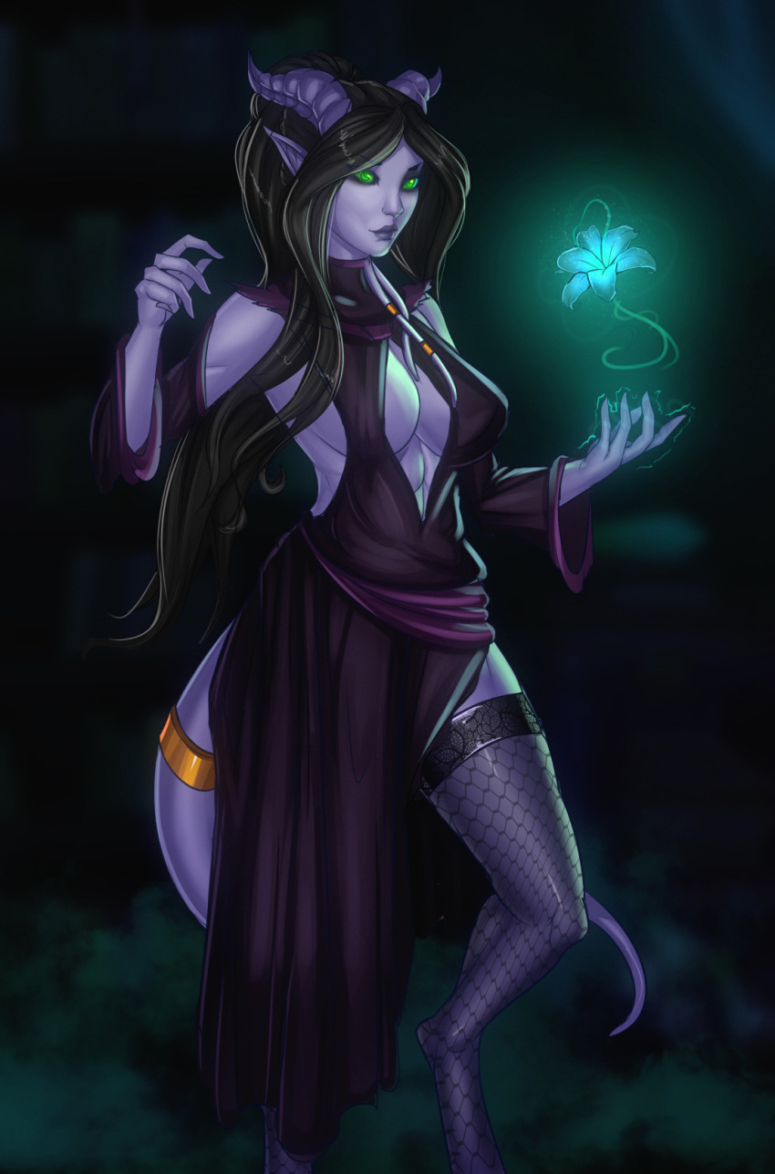 2019 big_breasts black_hair blizzard_entertainment draenei dress female freli green_eyes horns kiruna large_breasts long_hair long_tail magic muscular_female original_character pointy_ears purple_skin source_request stockings tail warcraft world_of_warcraft