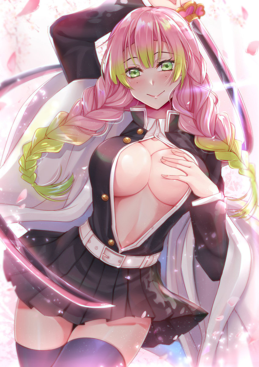 :> belt beltskirt blush braid breasts cleavage closed_mouth demon_slayer dress_shirt eyebrows_visible_through_hair female gradient_hair green_eyes green_hair gu_li hand_on_chest hand_on_own_chest haori high_resolution kanroji_mitsuri kimetsu_no_yaiba large_breasts large_filesize long_hair long_sleeves looking_at_viewer mole mole_under_eye multicolored_hair one_arm_up open_clothes open_shirt pink_hair pleated_skirt revision shirt skirt smile solo sword thighhighs tied_hair unbuttoned uniform very_high_resolution wafuku white_belt