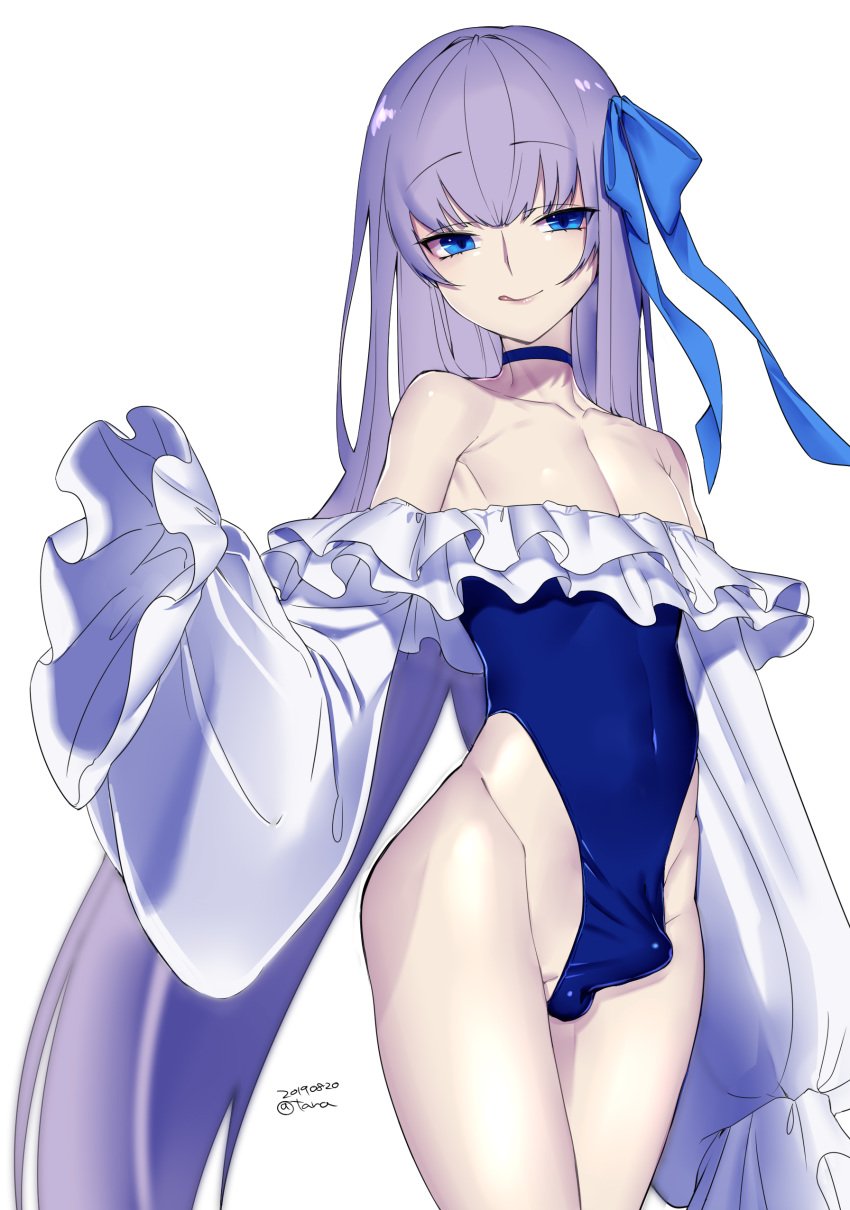 1boy absurdres bare_shoulders blue_eyes blue_ribbon blue_swimsuit choker closed_mouth collarbone commentary_request covered_navel cowboy_shot dated erection erection_under_clothes eyebrows_visible_through_hair fate/grand_order fate_(series) femboy genderswap_(ftm) hair_ribbon highres licking_lips long_hair looking_at_viewer male_focus meltlilith meltlilith_(suimsuit_lancer) meltryllis meltryllis_(swimsuit_lancer)_(fate) one-piece_swimsuit purple_hair ribbon rule_63 simple_background sleeves_past_fingers sleeves_past_wrists solo swimsuit tawapo tongue tongue_out trap very_long_hair white_background