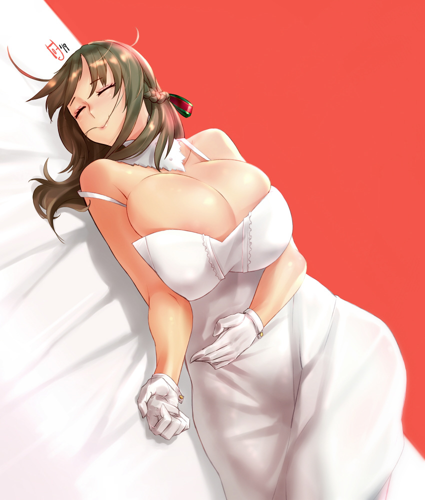 1girls 2019 bed breasts brown_hair cleavage closed_eyes clothed curvy dress female_only hair_in_mouth hair_strand highres huge_breasts milf oosuki_mamako sleeping smile solo strap_slip text tsuujou_kougeki_ga_zentai_kougeki_de_ni-kai_kougeki_no_okaasan_wa_suki_desu_ka? watermark white_dress wide_hips zcune