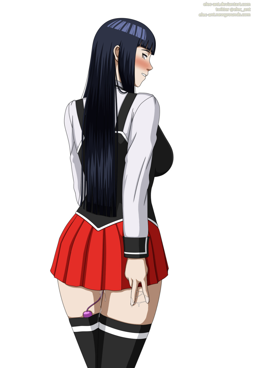 1girls academy_uniform_(bible_black) alternate_costume ass bible_black black_hair blue_hair blush bottomless_skirt breasts clothing cosplay curvy elec-ant female female_only female_penetrated hyuuga_hinata large_ass large_breasts long_hair looking_at_viewer looking_pleasured naruto no_panties pussy_juice pussy_juice_trail school_uniform skirt smile solo thighhighs uniform vibrator vibrator_under_clothes