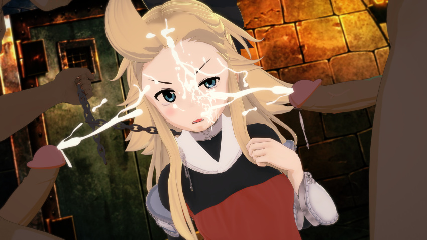 1girls 2boys blonde_hair blush bow bravely_default bravely_default:_flying_fairy bukkake chains cum cum_on_face cumshot dark-skinned_male edea_lee large_penis mob_face square_enix witchanon