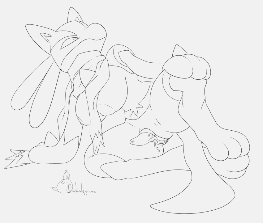 1girls 2019 anthro anthrofied big_clitoris bodily_fluids breasts canine clitoris enlarged_clitoris erect_clitoris feet female furry genital_fluids hi_res huge_clitoris large_breasts line_art lucario lying monochrome nintendo nude original_character paws pokemon pokemon_(species) pokemon_dppt pussy pussy_juice scarf spikes text thick_thighs video_games watermark wet whalegourd wide_hips