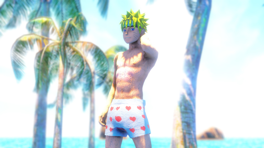 1boy 3d abs beach blonde_hair blue_eyes boxer_briefs boxers briefs clothed clothed_male clothes clothing fully_clothed heart_underwear looking_at_viewer male male_only naruto naruto_(series) naruto_shippuden outdoors outside palm_tree panties sleepi4ever solo underwear uzumaki_naruto whisker_markings