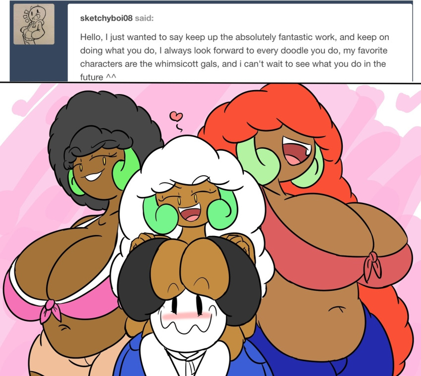 3girls alternate_color ambiguous_gender anon anthro anthrofied ask_blog belly big_breasts black_hair blush breasts_on_face brook_(igph) chubby cleavage courtney_(igph) dark-skinned_female dark_skin eye_contact furry hair_over_eyes half-closed_eyes horns huge_breasts igphhangout large_breasts larger_female long_hair looking_at_viewer midriff mob_face navel nekeisha_(igph) nekeisha_the_whimsicott nintendo original_character overweight overweight_female pink_background pokemon pokemon_bw red_hair short_hair size_difference sketchyboi_(sketchyboi08) smile source_request thick_thighs whimsicott white_hair wide_hips yellow_eyes