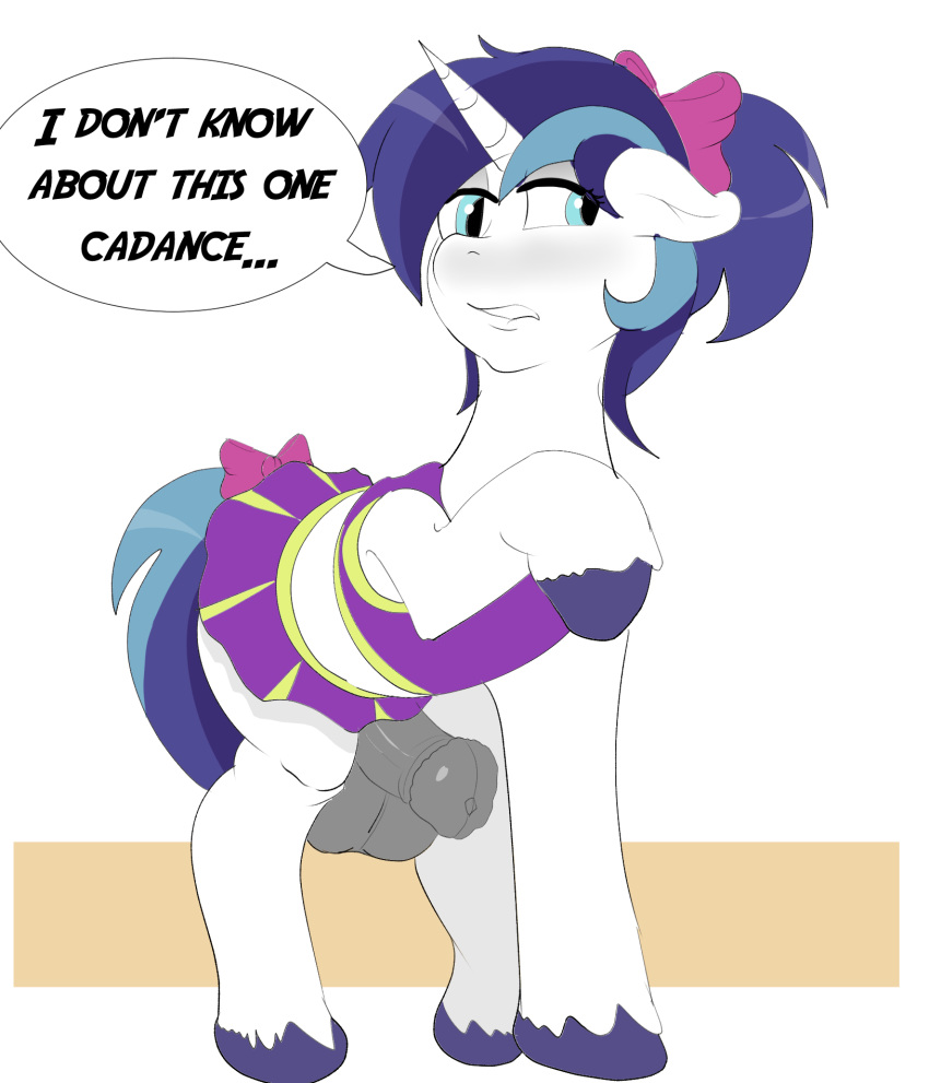 animal_genitalia animal_penis balls bottomwear bow clothed clothing crossdressing dialogue equid equine_penis feral friendship_is_magic hi_res horn horsecock male mammal my_little_pony penis shining_armor_(mlp) skirt skyearts unicorn vayguard