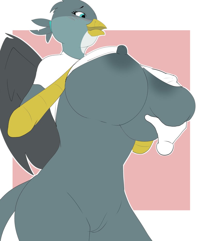 anthro anthrofied avian big_breasts breast_grab breasts clothed clothing clothing_lift female gabby_(mlp) gryphon hand_on_breast hi_res my_little_pony nipple_slip pussy shirt shirt_lift simple_background skyearts topwear vayguard