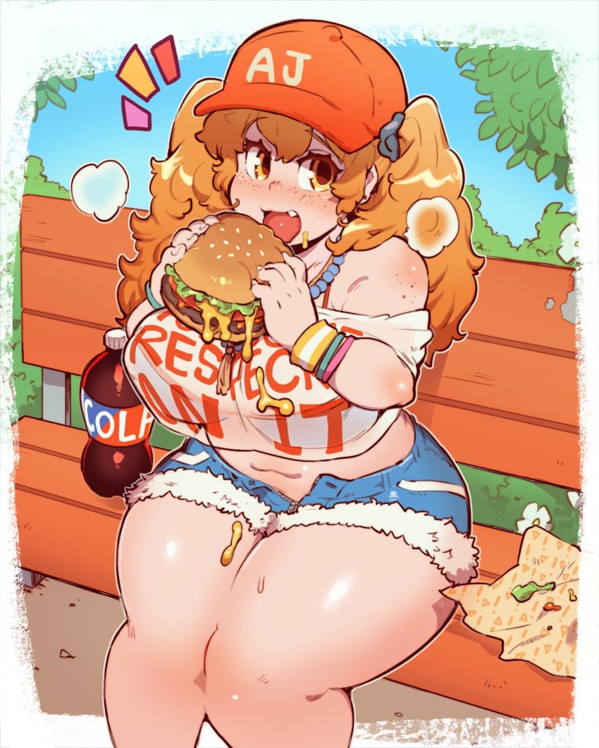 bbw bench burger chubby female food freckles hono1212 overweight see-through