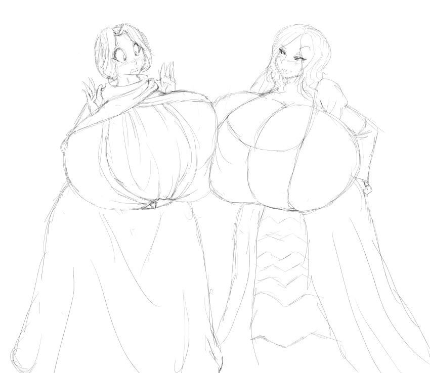 2girls adella_the_nun arianna_(bloodborne) bloodborne breast_to_breast breasts cleavage dress female female_focus female_only fromsoftware huge_breasts hyper hyper_breasts marauder6272 nun prostitute seductive_look short_hair sketch