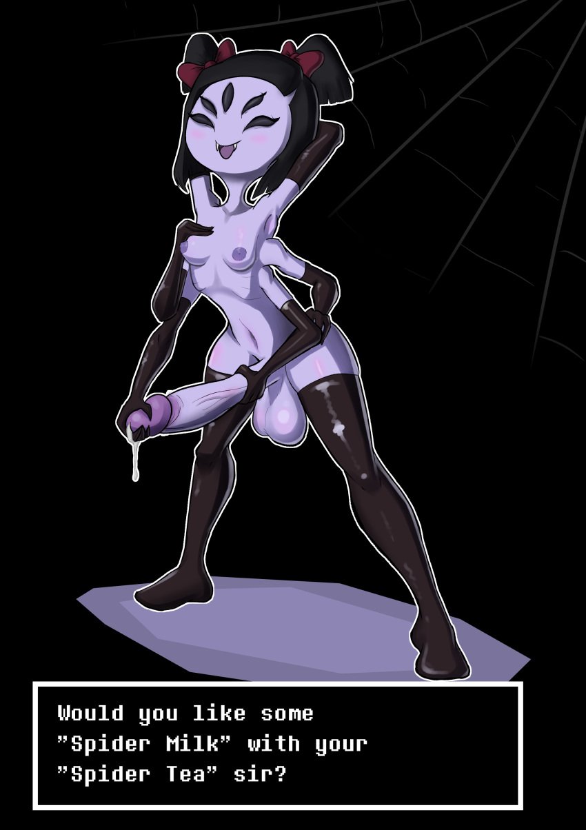 6_arms arachnid balls black_hair breasts cum elbow_gloves furry futa_only futanari gloves intersex latex latex_gloves latex_stockings muffet multi_arm multi_eye multi_limb penis spider_girl spider_web text undertale vetero