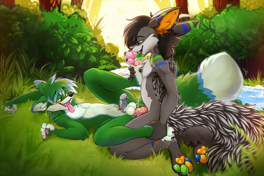 2019 anthro anthro_on_anthro black_fur black_hair canid canine day detailed_background digital_media_(artwork) duo feet foot_fetish foot_lick forest fox fur grass green_fur hair licking magenta7 male male/male mammal outside paws sex tongue tongue_out tree