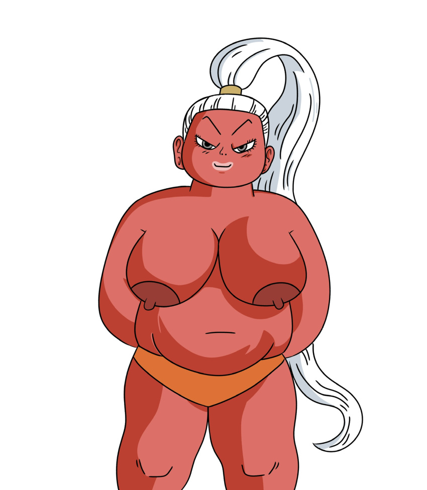 arms_behind_back bbw belly_button big_breasts blue_eyes bonyu breasts chubby closed_mouth clothed clothing dragon_ball dragon_ball_z dragon_ball_z:_kakarot erect_nipples female nipples red-skinned_female red_skin smile solo stomach tied_hair voluptuous white_hair