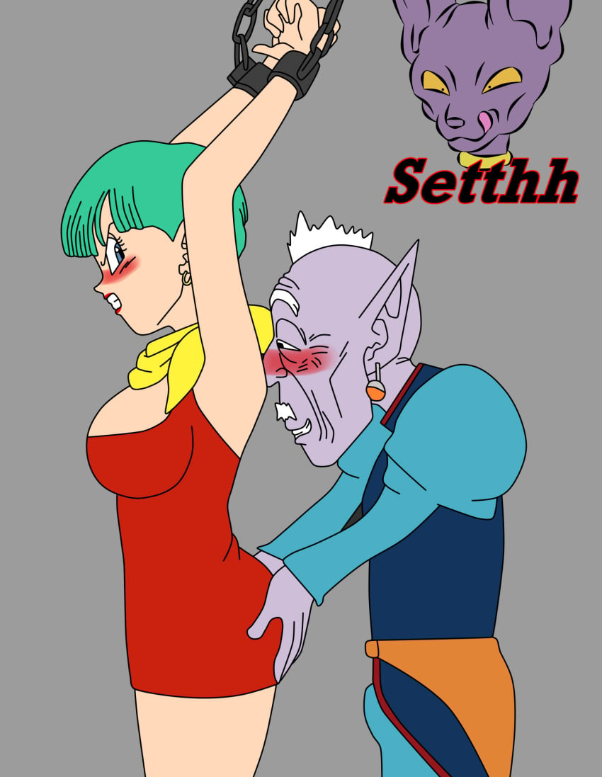 angry ass_grab beerus bulma_briefs chained chained_up chained_wrists chains clenched_teeth dragon_ball dragon_ball_super dragon_ball_z elder_kai lipstick molestation old_man setthh98