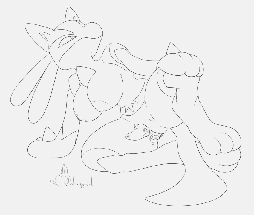 1girls 2019 anthro anthrofied big_clitoris bodily_fluids breasts canine clitoris enlarged_clitoris erect_clitoris feet female furry genital_fluids hi_res huge_clitoris large_breasts line_art lucario lying monochrome nintendo nude original_character paws pokemon pokemon_(species) pokemon_dppt pussy pussy_juice spikes text thick_thighs video_games watermark wet whalegourd wide_hips